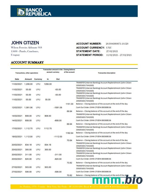 Uruguay Banco De La Republica Oriental del Uruguay wzór wyciągu bankowego in .doc i .format pdf